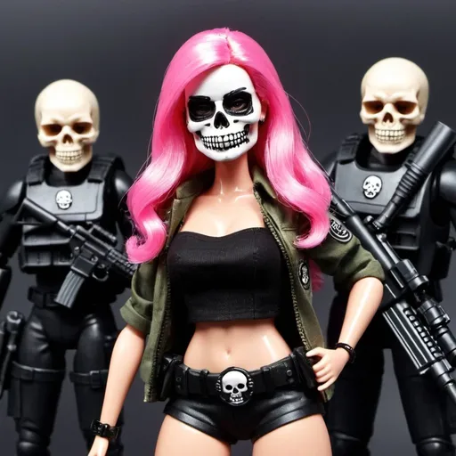 Prompt: Loiras Barbie, fofo, Girly, skull mask, armadura, army, segurando arma, The Death Squad