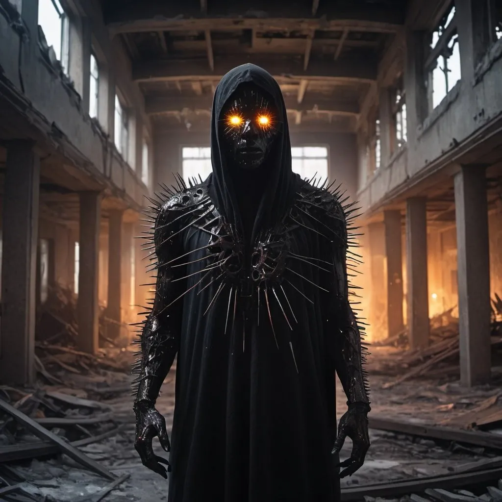 Prompt: breathtaking cinematic science fiction photo of a portrait of a blackedout non-human masked Dark figure, ghost skin, body full of spikes and glowing metrics inside, glowing multicoloured eyes, multifaceted eyes, metallic arms, inside a destroyed building, extremely menacing creature, highly detailed, award-winning