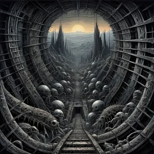 Prompt: view from the top of peak, futurist dark valley in ruin, evil creatures, cosmic horror, abyss view, madness, thorns, spiked walls. Creepy illustration, Horror art, hyperdetailed painting, color drawing, art by Derek Riggs and HR Giger
