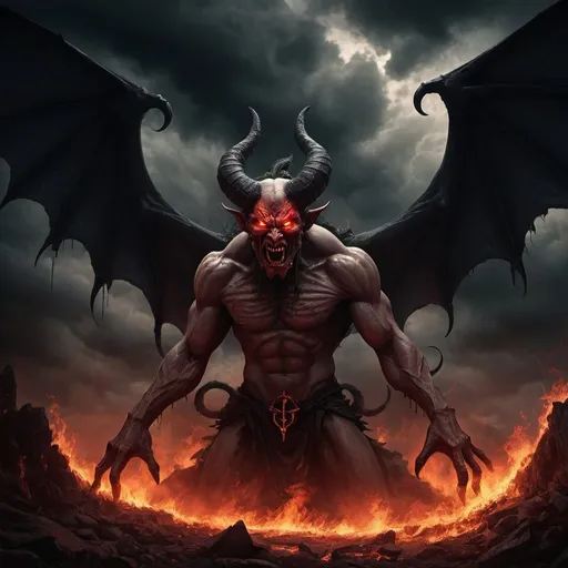 Prompt: (Best quality,A high resolution:1.2),(Dark,menacing:1.1),(sinister:1.1),(Devil,satan,Lucifer:1.1),(The demons:1.1),(Ominous,Foreboding:1.1),(Powerful figure:1.1),(Red glowing eyes,Sharp teeth:1.1),(Black wings,Thick,Tattered:1.1),(Hell landscape:1.1),(Fire,brimstone:1.1),(Threatening atmosphere:1.1),(Dark shadows,Menacing presence:1.1),(Ominous clouds,Stormy sky:1.1),(Gloomy,Unforgettable mood:1.1),(Ominous aura,evil energy:1.1),(Dark aura,Smoke:1.1),(intense heat,fiery flames:1.1),(Surreal,Nightmarish vision:1.1),(Prophecy of the book of Revelation:1.1),(Twisted horns,Blazing Crown:1.1),(Ominous whisper,Evil laughter:1.1),(Screams of torment,Echoing cries:1.1),(Ominous symbols,Ancient runes:1.1),(Mystical Artifacts,Shadow artifacts:1.1),(Hell Rituals,Ritual sacrifices:1.1),(Demon Servant，,Dark creatures:1.1),(Desolate,barren wasteland:1.1),(Academy of Souls,Tormented souls:1.1),(Eternal curse,Desperate life:1.1),(The destruction of the end of the world,The world is in chaos:1.1),(Malicious intent,The embodiment of darkness:1.1),(A gateway to the underworld,Nightmare realm:1.1),(funk,terroral:sankta].