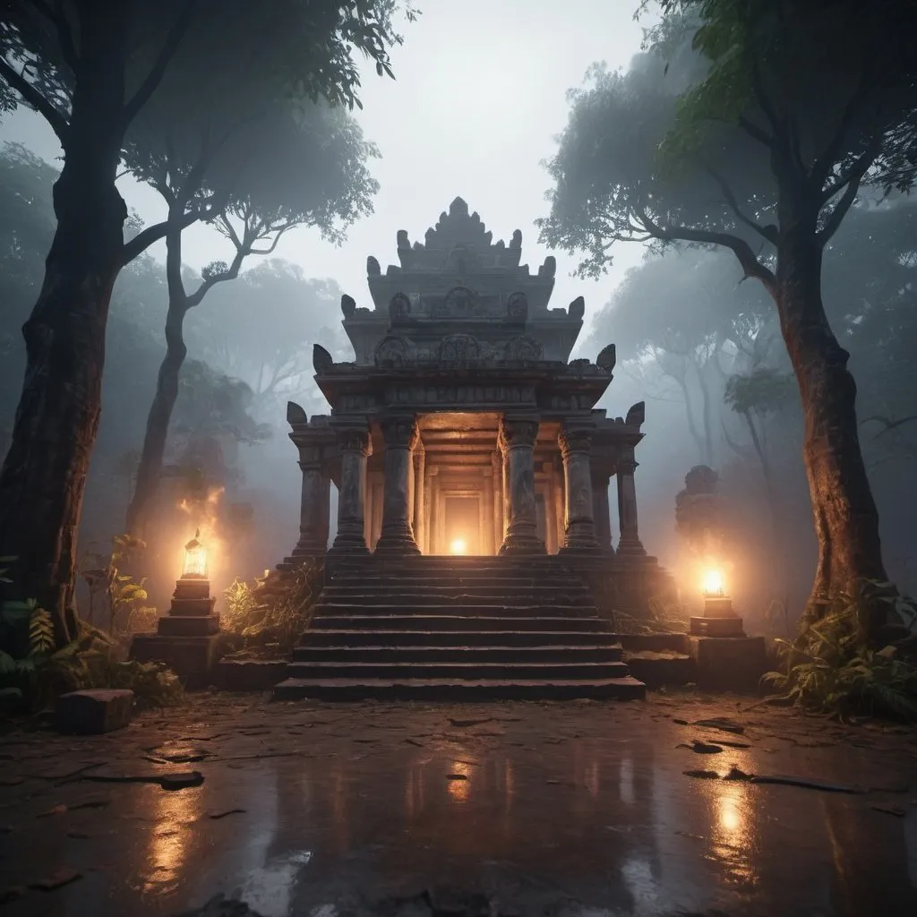 Prompt: An ancient ruins of an Indian  teple  for sacrifice and blood on the floorthe rain forest with mysty dense fog and smoke in the baground octate render unreal lightings, highly detailed , photo realistic , unreal engine 5,  depth of view, add noise, Effet de vent：1.9，Effets de nuage：1.2，Rendu complet，Encaustic painting,flammes, epic, dawn, fog, dramatic lighting, glowing floating  lightings and lanterns in the trees at a distance blurry baground 