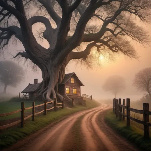 Prompt: Create a village road house with a dried huge tree with mist and mog in the atmosphere twilight zone 