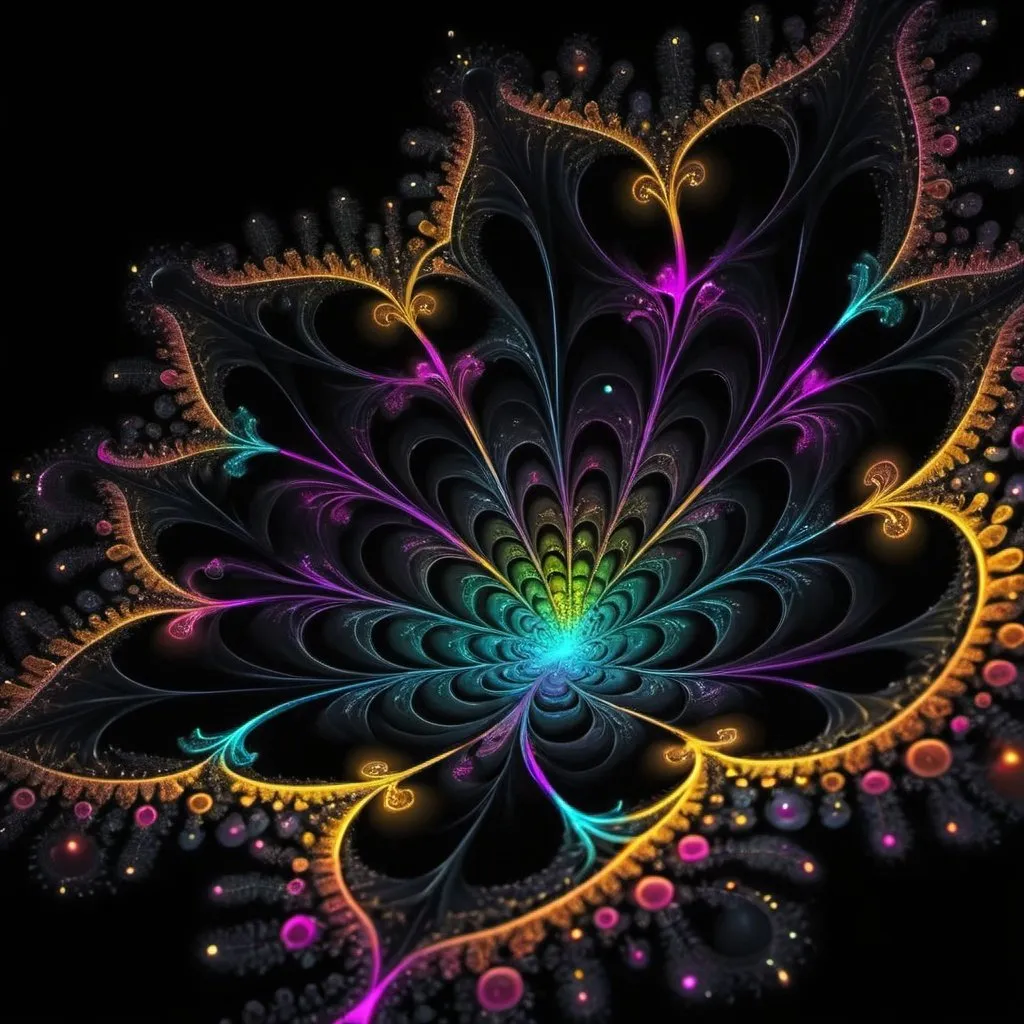 Prompt: **fractal life symbolism from neon dots on black background, hd, 3d, hq** - <@930928849393442827> (relaxed)