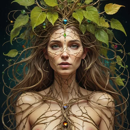 Prompt: Plant Maiden，Vine Princess，Witch of Thorns，Beautiful line art photo，Use gold strokes and rainbow paint，Golden Maiden，the golden ratio，Melted wax，Visible brush strokes，surrounded by crystal spheres，3D Mosaic Wireframe，neuroimaging，neurons，The Tree of Life，colours，California，intense emotion，oil on the canvas，Thick strokes，insanely details，8k ultra high definition，tmasterpiece，art  stations，ultra-realistic realism，plant witch，Vine Queen，Witch of Thorns