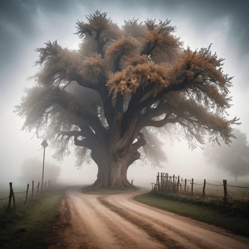 Prompt: Create a village road house with a dried huge tree with mist and fogg in the atmoSphere with turning darkness in the aky