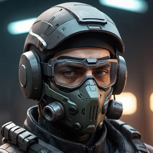 Prompt: Close-up of a man wearing a helmet and goggles, cyberpunk soldier, futuristic soldier, Specifications - Action Leader with mask, FPS games, Anton Fadeev 8K, sci-fi soldier, FPS games concept art, special ops mask, fps shooting game, Specifications - Action Leader, Future combat equipment, Rendu portrait 8k, FPS games concept