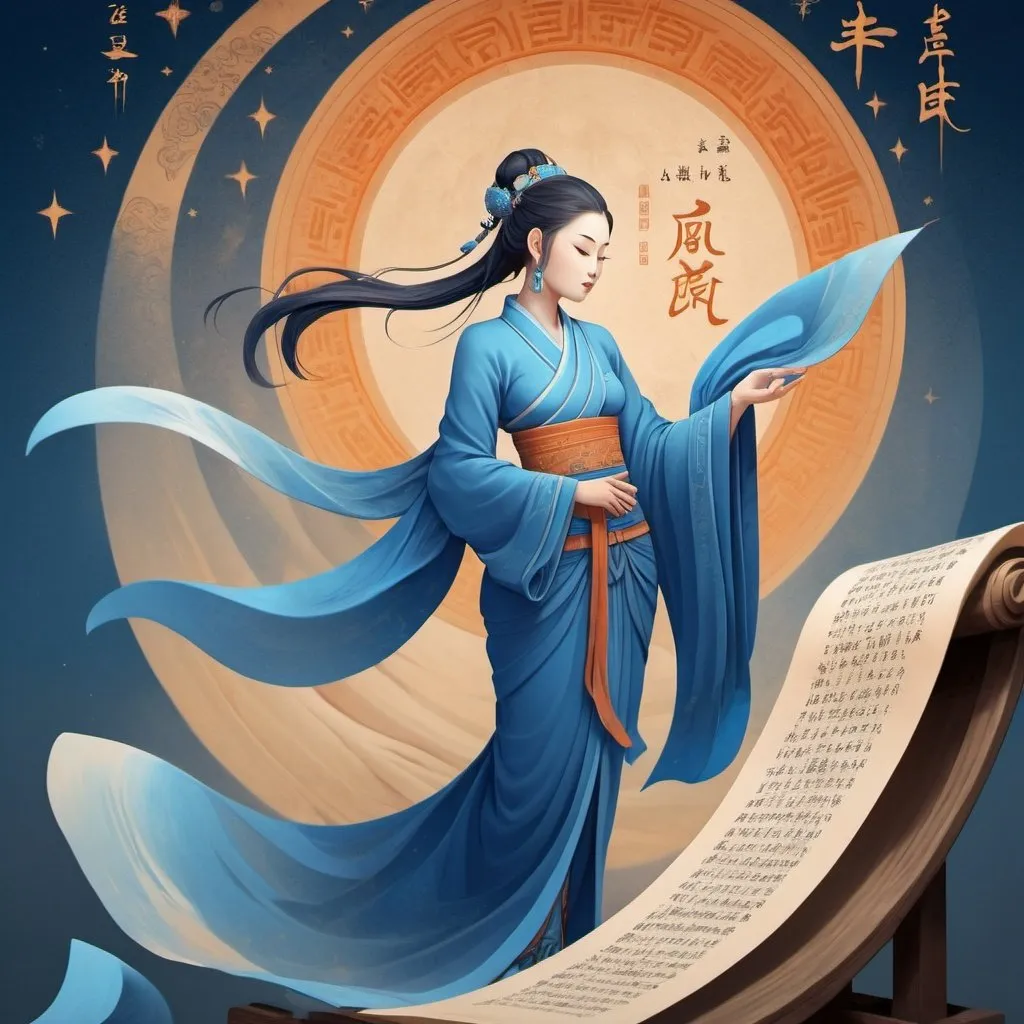 Prompt: Dunhuang art style illustration, blue tones, a tiny mysterious female figure with traditional Indonesian outfit standing on the long ancient scroll with blurred scriptures, Zen, the stars are brilliant, dazzling, light and shadow, gradient blue color, blue and orange, ancient rhyme white, super grand scenes, with fluid movements, extremely delicate brushstrokes, soft and smooth, clean background, historical paintings, 3D rendering --ar 1:4 --v 6.0 --style raw