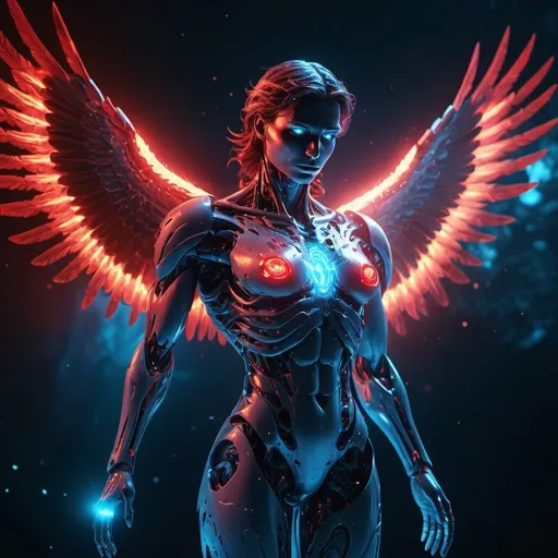 Prompt: Cosmic Fallen Angel, glowing light eyes, Biomechanical, Very bright colors, Light particles, with light glowing, Mshiff, wallpaper art, UHD wallpaper,Strong red and blue light and shadow cinematic 