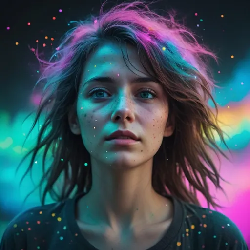 Prompt: A woman emerging from a blurry digital image, hair a chaotic mass of undefined neon colors, eyes empty voids. Sky filled with smeared dots, not stars, as she gazes forward emotionlessly. Muted, faded hues for a melancholic atmosphere --ar 16:9 --v 6.0 --style raw 