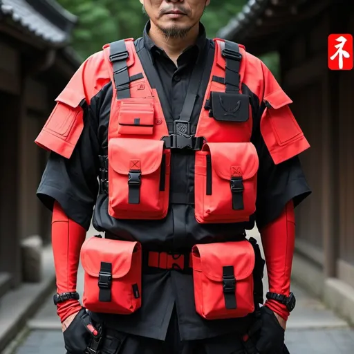 Prompt: Tech wear traditional  akira  kurosawa samurai design with multipal tactical pockets for storage straps and cryptic symbols in uv neon red  geared tactical wear