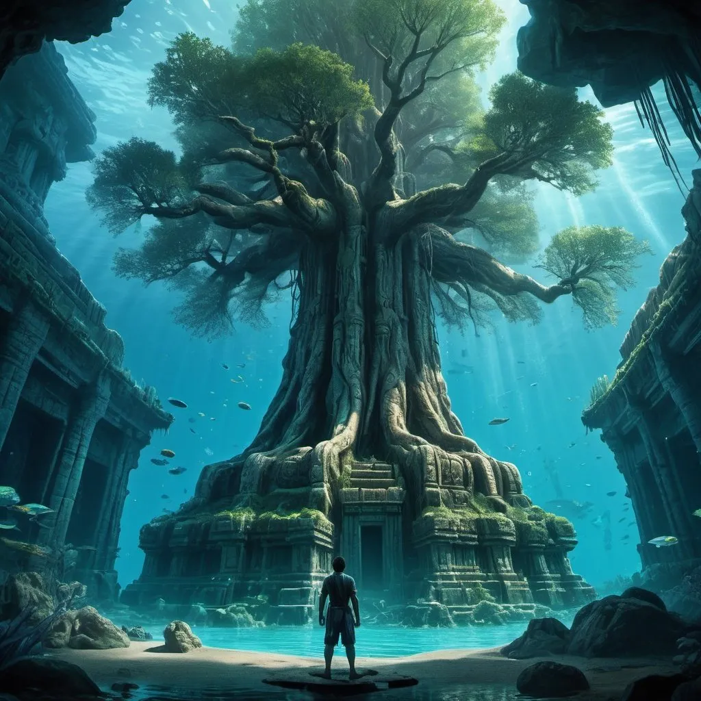 Prompt: arafed image of a man standing in front of a giant tree, undersea temple, submerged temple scene, key art, underwater temple, square enix cinematic art, dan mumford. maya render, submerged temple ritual scene, detailed digital 2d fantasy art, fantasy and cosmic horror movie, high fantasy art movie poster, lost temple, highly detailed fantasy art, cinematic fantasy painting