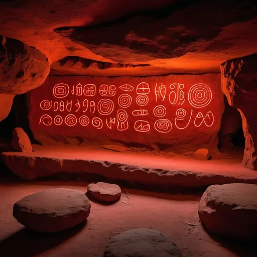 Prompt: Cryptic symbols of tribal language written on the walls of a cave glowing in neon red colour 