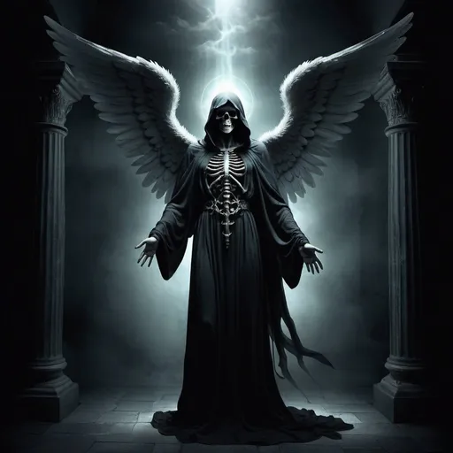 Prompt: Striking illustration of the Angel of Death., A mysterious and ethereal figure who guards the threshold between life and death.. His presence is enigmatic and powerful...., con alas inmensas que se extienden hacia el horizonte y una mirada penetrante que transmite serenidad y temor. He uses cool tones and deep shadows to emphasize his ethereal nature and his connection to the realm of death......(dark lighting), ( ethereal lighting),(Spectral illumination)