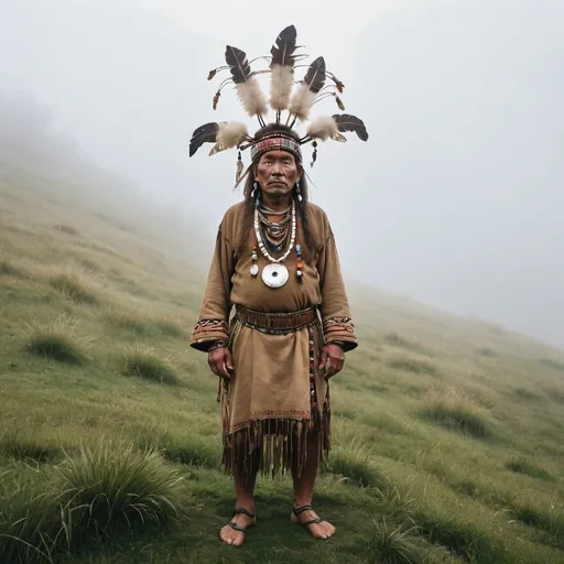 Prompt: A tribal shaman standing on a grassy hill in the misty fog