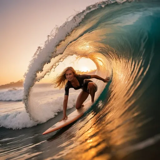 Prompt: inside the wave, surfer, inside a barreling wave, dirty blonde woman, 27 years old, sunset orange in background, long shot, high quality photography