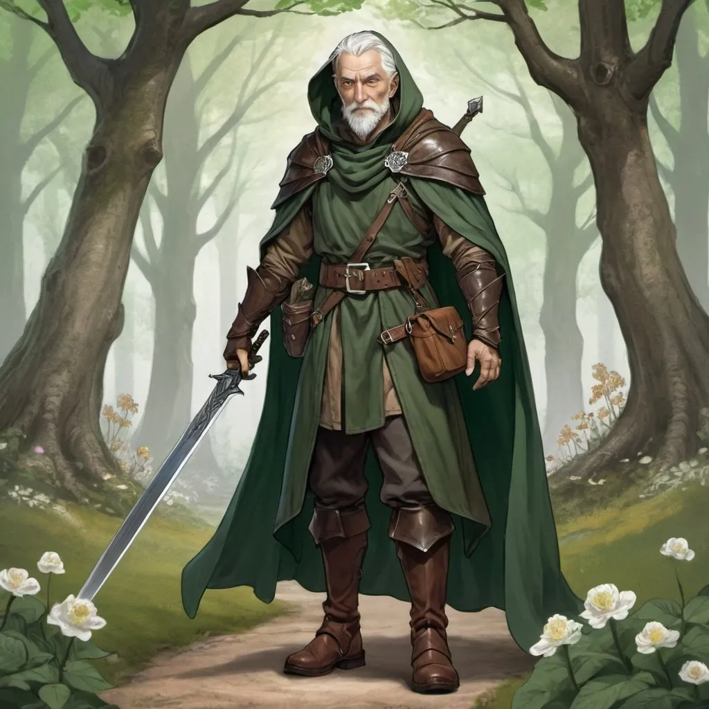 Prompt: full body illustration of a fantasy character for dnd 5e, old man, human, fighter, eldritch knight with a fairy background, tousled white / grey hair shoulder length, beard, green eyes, darkgreen tunic and plate armor, brown long cape with hood, longsword on the back, brown leather boots, green ocarina around the neck, woods and flowers in the background, style like arthur rackham --ar 3:4 --c 0 --s 500 --v 6.0