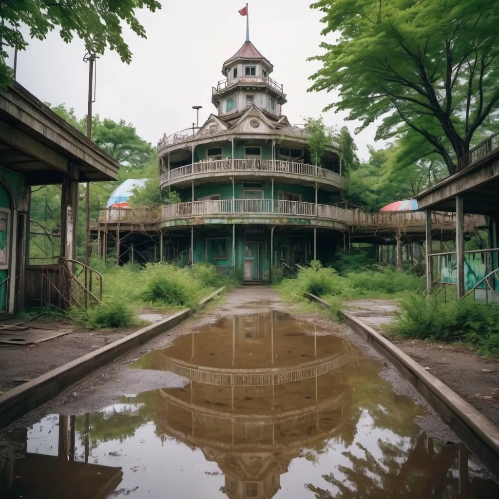 Prompt: ((top-quality、8K、​masterpiece：1.3))、An amusement park、Abandoned amusement park,abandoned amusement park、Broken、dilapidated building、Buildings overgrown with plants、creepy atmosphera，jpn、puddles