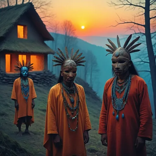 Prompt: A photoshoot of a tribal homes by sunset by the hill in the forest with tribals wearing ornaments and tribal mask and tribal clothes with cinematic uv lightings in the bagrpund blured photoshoot style of Zdzislaw Beksinski