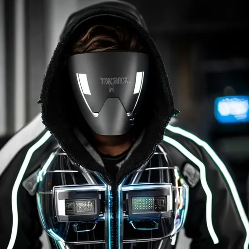 Prompt: ToxicPunkAI techwear jacket,, bubbles, melt, detailed, intricate, best quality, upper body, close-up of a fantastic looking cyborg man, with neon inserts with glass and metal, in glossy color with elegant details, porsalanic skin,HDR, ray tracing, rich details of light and shadow, outside, extremely detailed,  looking in the camara , One eye is distinctly human, while the other is a bright, luminous blue digital eye, representing the fusion of humanity and technology. Embedded circuits and wires run across its skin, merging seamlessly with its human features. The skin could have a metallic sheen, catching and reflecting faint neon glows from its surroundings.