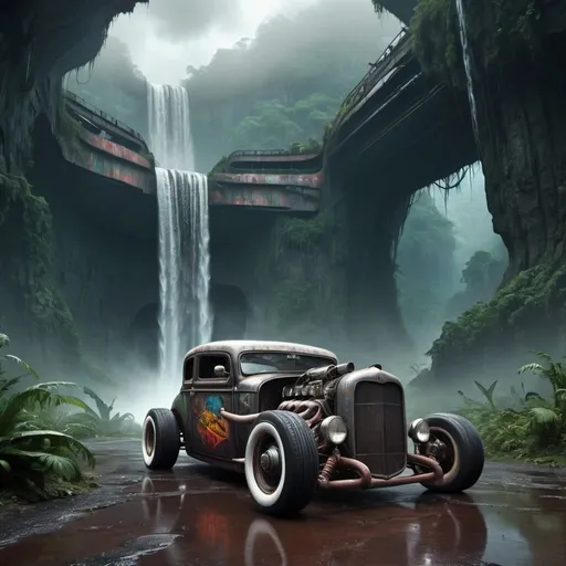 Prompt: rat_rod, at lonley highway on an alien planet, rainforrest, hyper detailed, waterfall, backside,,