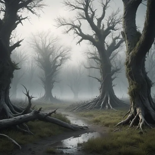 Prompt: Create a desolate landscape, without light, as if shrouded in thick fog, with twisted trees and thick trunks, and a undergrowth reminiscent of grass and grass, lots of mud similar to a swamp, in an ultra realistic landscape, 4k, film grain, high detail, photoreal, photorealistic, with volume and shadow --auto --s2