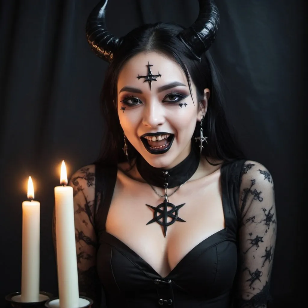 Prompt: ((top quality, 8 thousand, masterpiece:1.3)), young oriental woman, Devil worship,satanism, dark background, pentagram, goth fashion, goth makeup, goth, Black color lipstick, Lips are black color, black lips, dark eye shadow(Black color), Pentagram sign on the wall, lots of candles, (huge  : 1.5), satan temple, black lipstic, goofy style, stanism, unpleasant, Crazy Woman, (madness smile), scary laugh, full of madness, wait on all fours