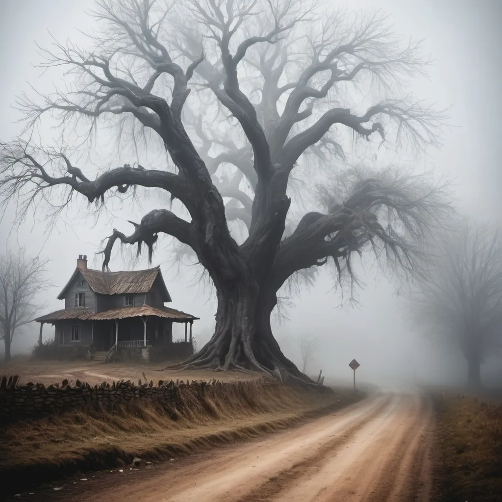 Prompt: Create a village road a single scary house with a dried huge tree with mist and fogg in the atmosphere with turning darkness in the aky