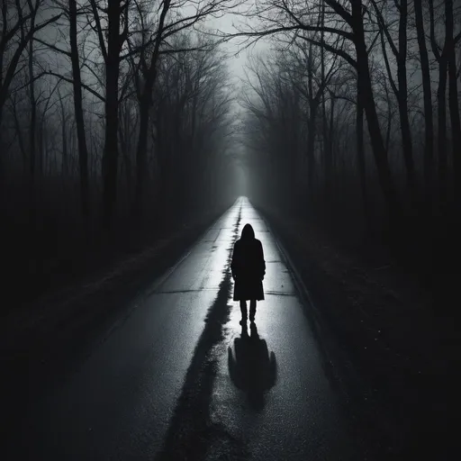 Prompt: the dark side of the road, eerie person silhouette, eerie thriller aesthetic!!!!, dark eerie photograph, dark eerie photo, u