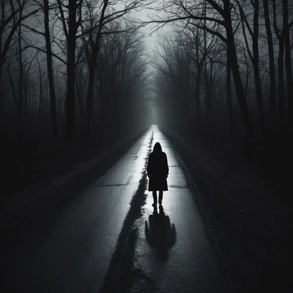 Prompt: the dark side of the road, eerie person silhouette, eerie thriller aesthetic!!!!, dark eerie photograph, dark eerie photo, u