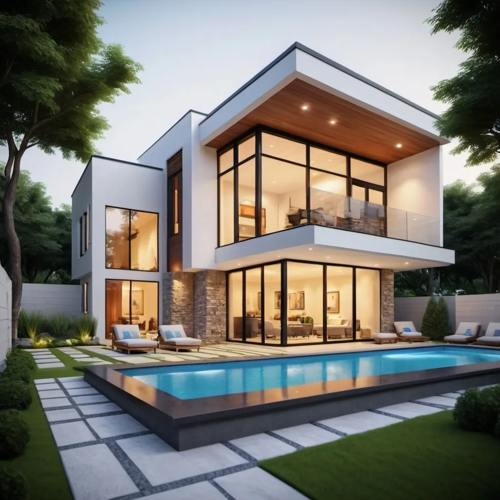 Prompt: realistic, Modern, luxurious bright and small house at house. The design features clean lines, and a mix of materials, including stone. Small windows. The landscaping is meticulously designed, with American inspired landscape and pathways that complement the contemporary architecture. The lighting adds a warm and inviting ambiance, highlighting the architectural details. With modern swimming pool.