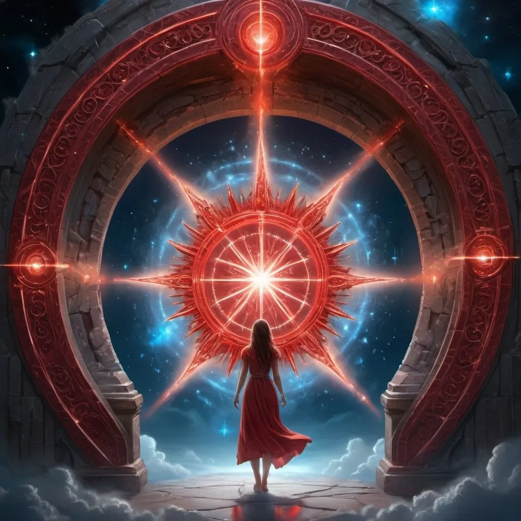 Prompt: high details, best quality, 16k, [best detailed], masterpiece, best quality, (extremely detailed), a picture (magical portal: 1.3),  onto heaven, the portal has magical red magical wards on it, she sees the starry heavens and bliss of heaven , GlowingRunes_paleblue, 