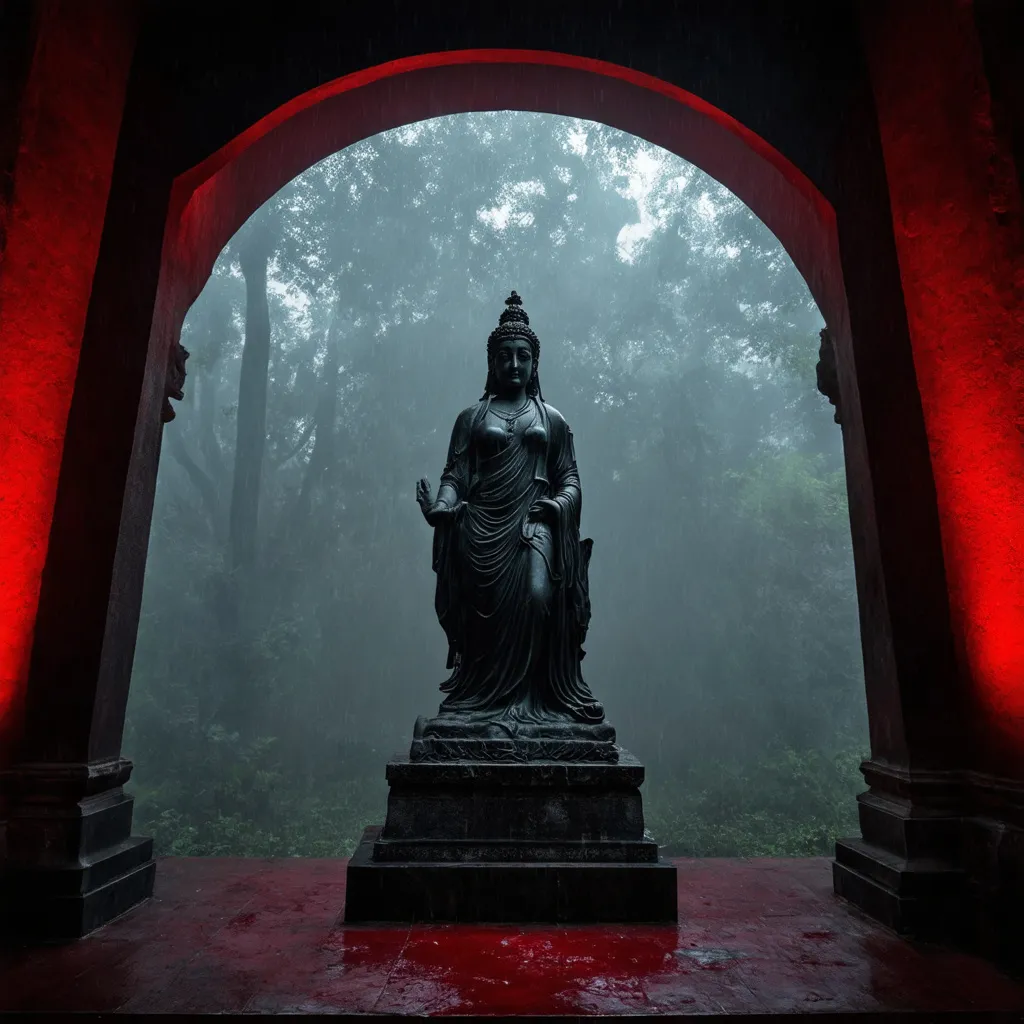 Prompt: A blood-red temple walls and floring in an ancient temple  stone statue of an ancient godess sculpture of divine gods in the rain forest mist smog and fog in the blood on the temple floor flooring atmosphere and pure black ston temple in the forest  cinematic photoshoot realistic lightings ulta hdr 32k high resolution, smooth and delicate skin, noble and elegant, ultra-realistic photography vibe, shot with Canon camera, intricate details, 32k --ar 16:9 --s 750 --v 6.1