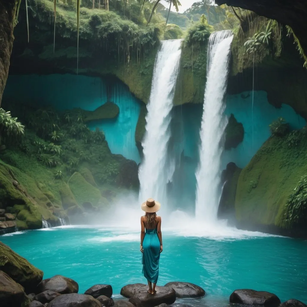 Prompt: Photo of a hidden waterfall in Bali in the style of eyecatching, natural elements, nature-inspired color schemes, a majestic waterfall, turquoise blue water, a woman standing under the falls facing the camera, beautiful nature, a dreamy scenery. --ar 35:62 --style raw