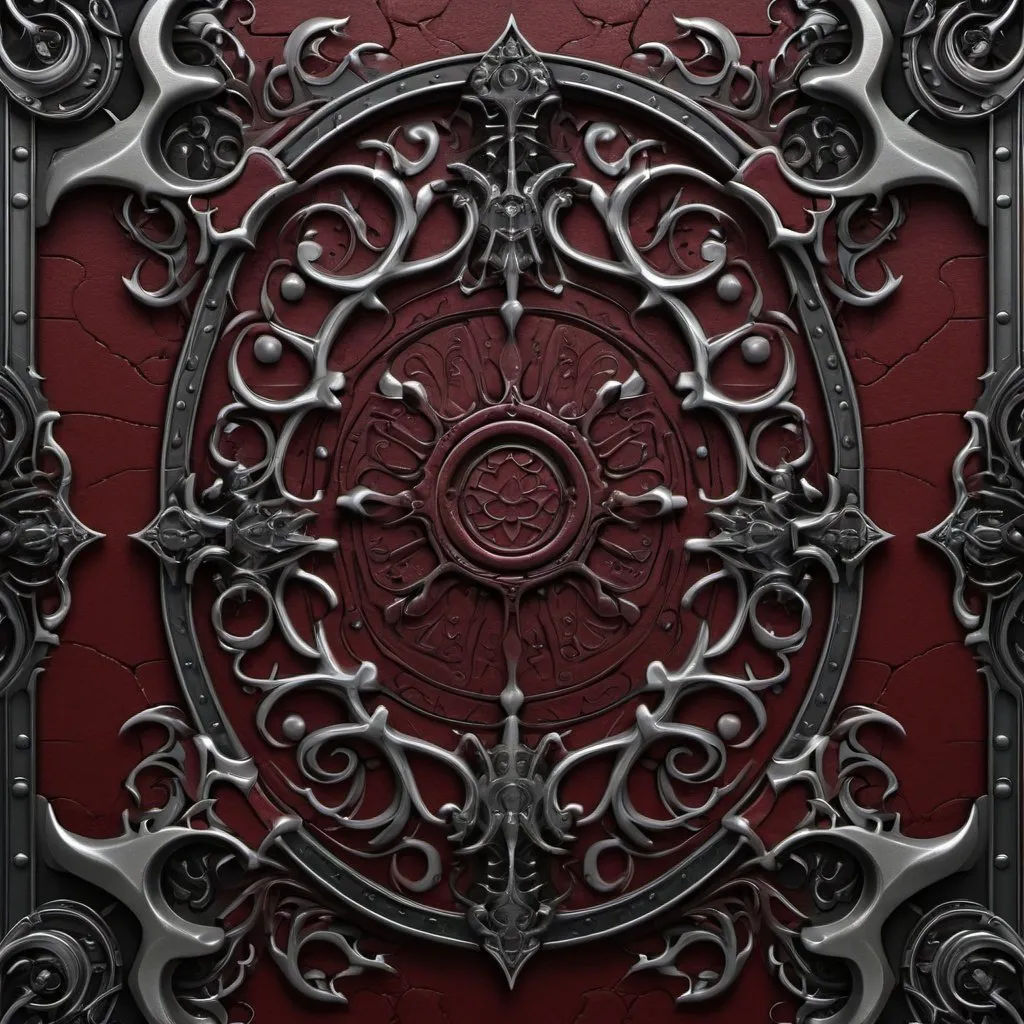 Prompt: gothic baroque design elements, ornate symmetrical patterns, fantasy door background, digital art in the style of Kienan Lafferty, inspired in the style of H.R. Giger and Michael Zooey, intricate dark red black leather with silver metal accents --ar 8:5 --s 750 --v 6.0