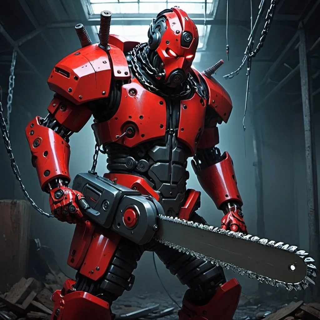 Prompt: Dark_Fantasy,Cyberpunk,(chain saw,chain saw man,Red:1.1),1man,Mechanical marvel,Robotic presence,Cybernetic guardian,