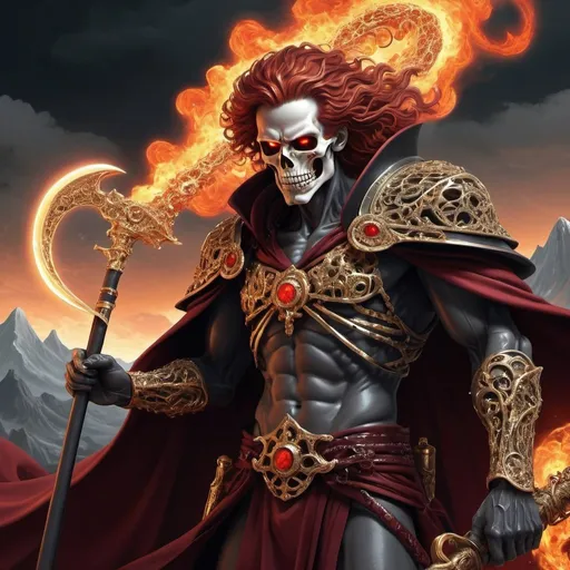 Prompt: Hades，The Grim Reaper armed with a giant scythe,（wear：black robe，），fire breathing eyes，angry expression，(hairstyle: red curly hair，)，beard, roman mythology，8k wallpaper,good quality eyes，right eye，right hand， Super detailed, beautiful and beautiful, masterpiece, best quality, (Fractal art: 1.3), mountains, Machine detailed, Dynamic angle, Cowboy shooting, The most beautiful form of chaos, elegant, brutalist design, Bright colors, , volcano,hell, bubble, shells, Blood, pearl，magma,flame, Libra, shells, skull, soul，Hold the scythe，Retro Style，（tangled，mandala，tangled，entangled）， (Fractal art: 1.3)，divine light，gold foil，gold foil艺术，flash drawing，delicate face