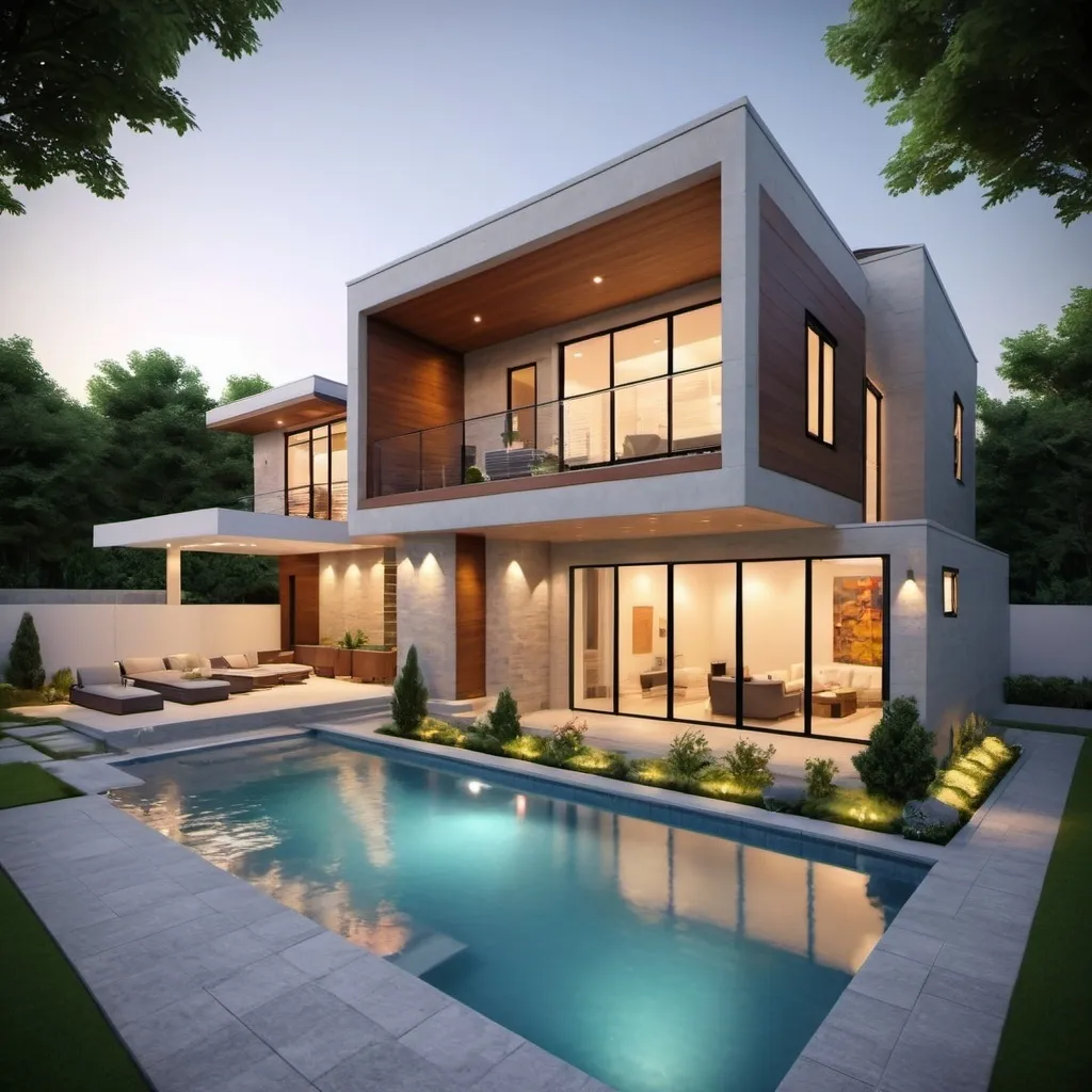 Prompt: realistic, Modern, luxurious bright and small house at house. The design features clean lines, and a mix of materials, including stone. Small windows. The landscaping is meticulously designed, with American inspired landscape and pathways that complement the contemporary architecture. The lighting adds a warm and inviting ambiance, highlighting the architectural details. With modern swimming pool.