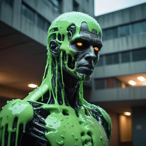 Prompt: Gloomy portrait of Grim covered in slime from Marvel with intricate angular cybernetic implants inside a brutalist building, abounded hospital, cyberpunk, award-winning photo, bokeh, neon sign lights, cybernetic limb