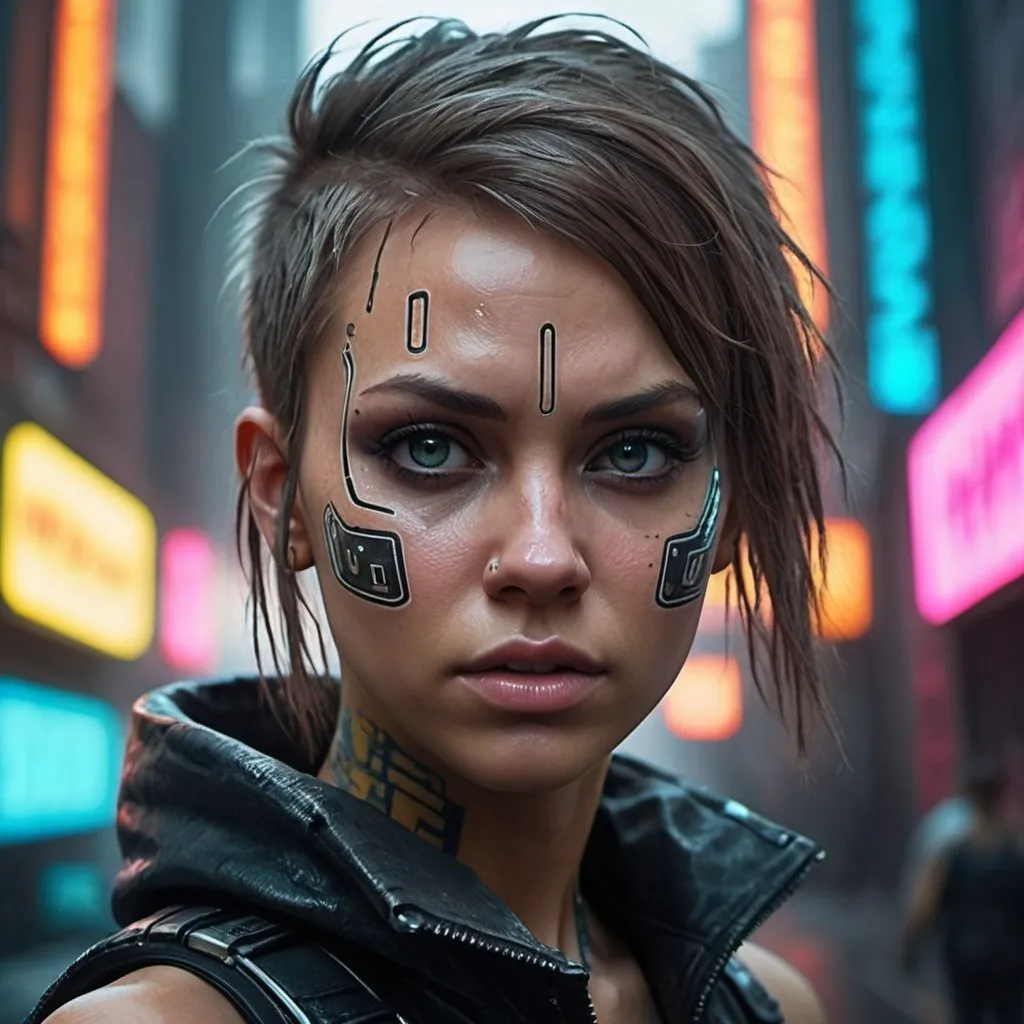 Prompt: (detailed face), (photorealistic), (masterpiece), (photography), (realistic skin texture), katya clover in a dystopian cyberpunk city, (cyborg:1.3), bladerunner, dark misty street, punk hairstyle, cybernetic face modifications, body modification, Lara Croft video game character, wearing cyberpunk clothes, neon signs, misty,,