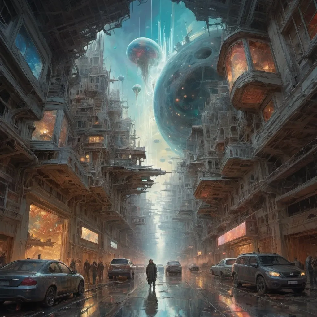 Prompt: Translucent ovni attack city, Daniel F Gerhartz, Clint Cearley, Carne Griffithsl, Cosmic Sky, Detailed Full-Color, Nature, Hd Photography, Deconstruction By Zaha Hadid. demon,illustration mixed media by Pablo Amaringo"Merriam, Nikolina Petolas, Peter Gric, Dariusz Klimczak, surreal hallucinatory intricately detailed sharp focus"