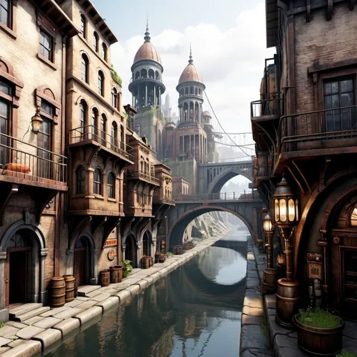 Prompt: ((masterpiece)),((best quality)),((high detial)),((realistic,))
Industrial age city, deep canyons in the middle, architectural streets, bazaars, Bridges, rainy days, steampunk, European architecture