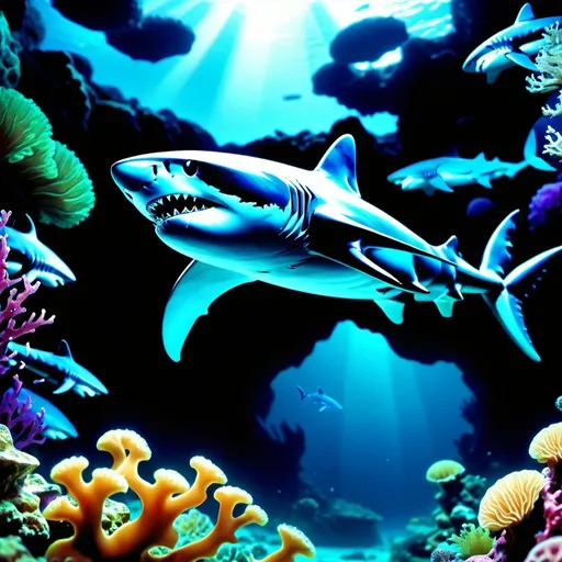 Prompt: Mutated undersea plantutated sharks，Deep sea background, Undersea scene, Underwater mutated light,Mutated jellyfish, Irradiated coral reefs, Sea of Radiation, Dynamic Angle, Break,Detailed,Realistic,4k highly detailed digital art,rendering by octane, Bio-luminescence, Break free from 8K resolution concept art, Realism,by Mappa Studios,Masterpiece,Best quality,offcial art,illustration,clear lines,(Cool_Color),Perfectcomposition,absurderes, fantasy,Focused,Rule of thirds