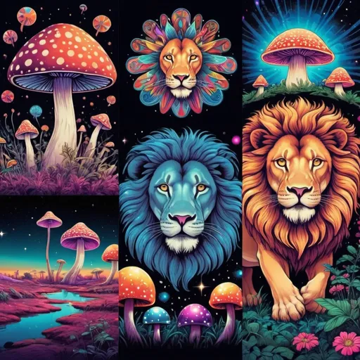 Prompt: Magic Mushroom Print:, Illustrations of psychedelic mushrooms amidst a surreal landscape., Estampa Espacial com Rave Lights:, A vision of outer space with intergalactic rave lights., Psychedelic Lion Print:, A stylized lion with psychedelic patterns and a festive vibe.