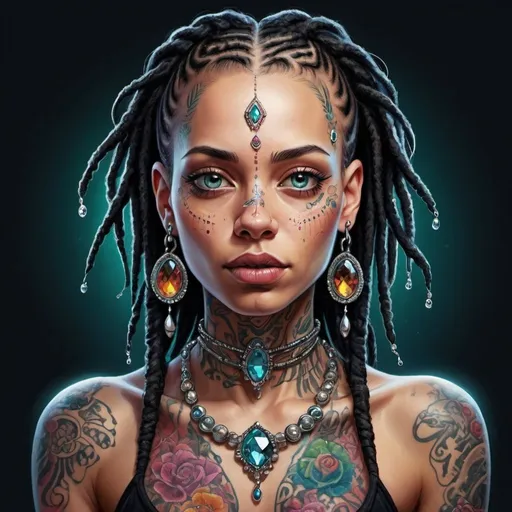 Prompt: Digital illustraation, character portrait,  a beautiful girl with facial tatoos cibernetic implants on the body, body embroided with gemstones dreadlocksdark entity high quality, colorful painting. Size: 1000 x 1500. Free to dowwnload.