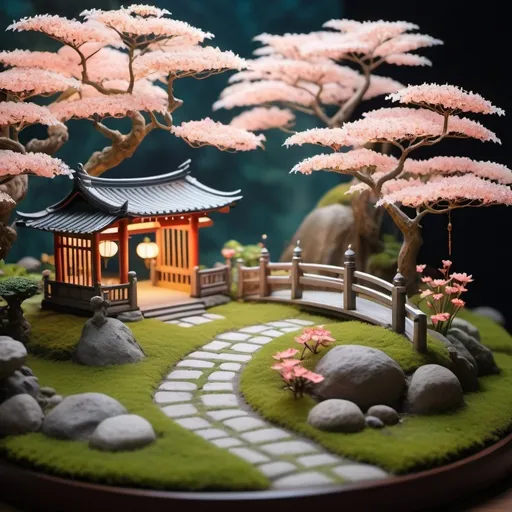 Prompt: Magic garden miniature scene, delicate flowers、soft glowing branches、Illuminated by happy smiling miniatures. 8K Autorealist,Japanese garden、shrine、torii