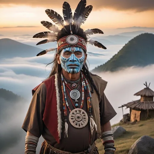 Prompt: A shaman with shamanic clothes face mask and shamanic ornaments standing on a mountain in the fog with clouds near it,with tribal huts and tribes at a distance sunset   eroded surfaces, soft-focus portraits, adventure themed, monumental forms, close-up --ar 16:9 --style raw --sref s.mj.run/J-d4B3VQ0kg ::2 s.mj.run/k10fV_CeLnE ::2 s.mj.run/luN48Wu1JBc s.mj.run/CipB5QUrd-k s.mj.run/tAhMiKfQh5k ::9 s.mj.run/55fTN3X5eIs --sw 1000 --v 6.0