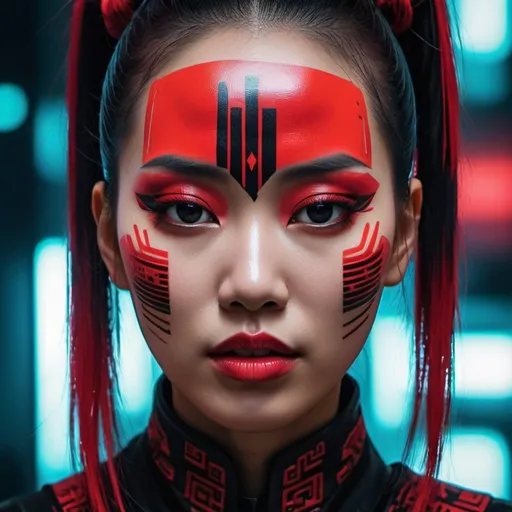 Prompt: Cyber punk glitch art Close-up of woman with red and black makeup, Oriental Face, beautiful oriental woman, detailed face of a asian girl, inspired by Hedi Xandt, portrait shot, asian face, asian woman, Regal and formidable appearance, Dramatic lighting on the face, Portrait of a cyberpunk samurai, inspired by Jin Nong