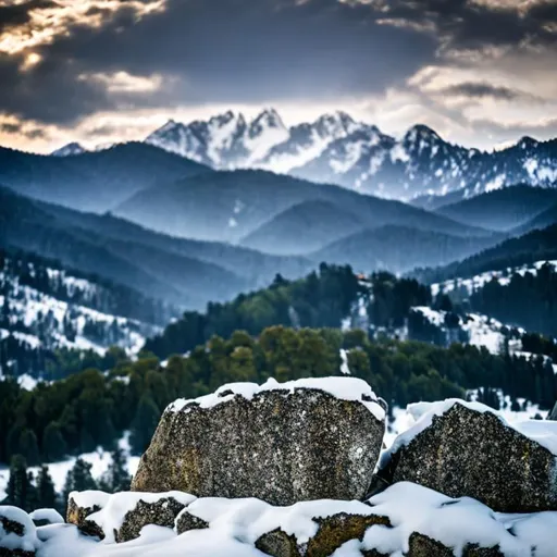 Prompt: House in the mountains, Big rivers, Rocks with snow, Sharp Focus, insane detail, 8K. 50mm Lens