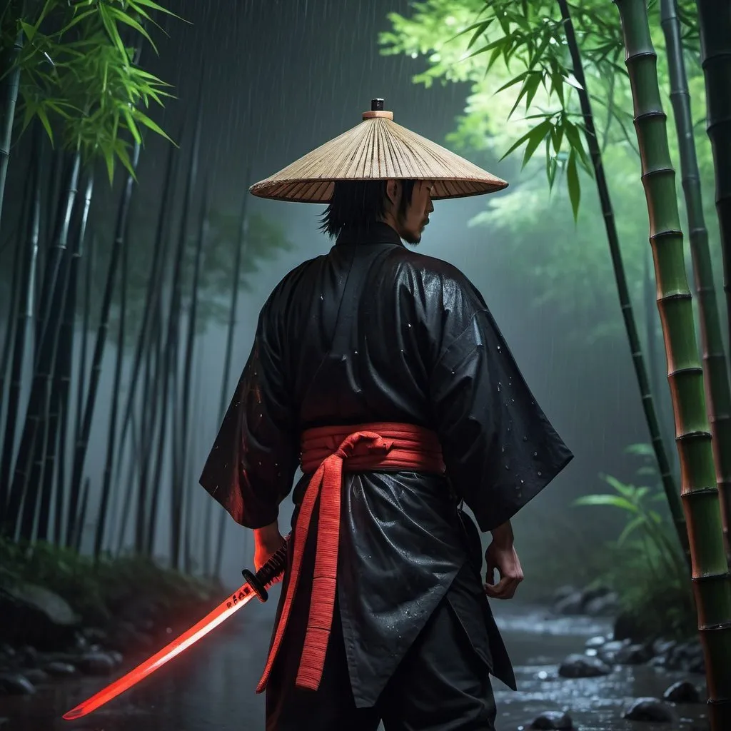 Prompt: (best quality, 4k, highres, masterpiece:1.2), ultra-detailed, (realistic, photorealistic, photo-realistic:1.37), a man dressed as a samurai stands in the rain, wearing a bamboo hat (kasa) on his head. He is surrounded by a dense forest, alive with the sounds of nature. It's a moonlit night, and the darkness adds to the mysterious ambiance. The man is wearing a black kimono with neon red stripes that glow in the darkness, making him stand out in the scene. His sword (katana) is unsheathed, ready for action in the face of imminent disasters.