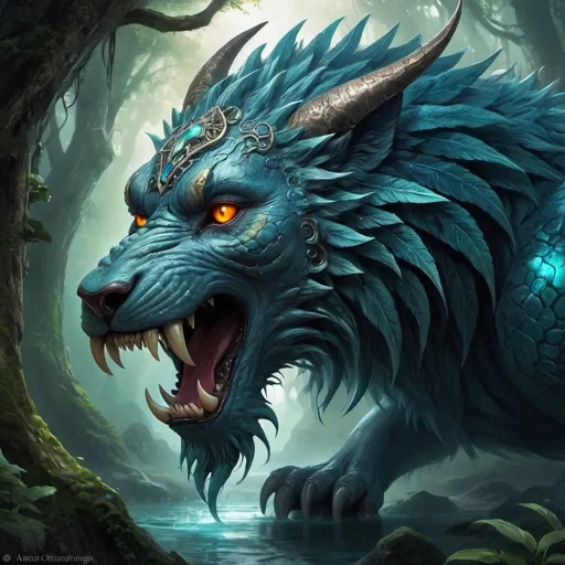 Prompt: detailed eyes and mouth, ferocious creatures, vibrant colors, mystical atmosphere, intricate scales, fantastical landscapes, ancient legends, mythical creatures, dark and mysterious, epic battles, mythical beasts, breathtaking scenery, mythical realms, otherworldly creatures, supernatural powers, ancient artifacts, ancient ruins, magical spells, awe-inspiring, majestic mountains, deep sea wonders, ethereal beings, enchanted forests, ancient temples, legendary creatures, fierce claws and fangs, hidden treasures, mythical powers, ancient prophecies, divine beings, elemental forces, celestial realms.